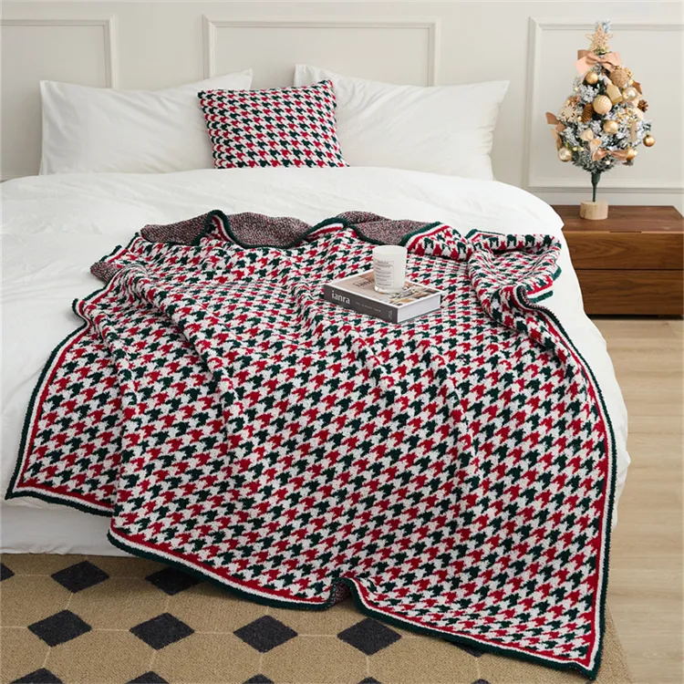 Christmas Gift Houndstooth Plaid Blanket Super Soft Cozy Downy Microfiber Knitted Throw Blanket For Bed Sofa Couch Chair