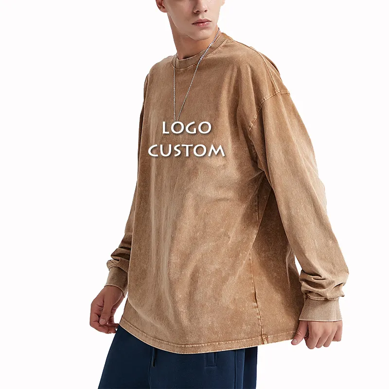 Sonbahar kış 10 renk düz renk yıkanmış Mens T Shirt özelleştirilmiş Batik 250g uzun kollu erkek T Shirt