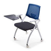 Chaise de formation moderne avec support lombaire fixe, dossier en maille, accoudoirs réglables et coulissants, siège rabattable, tablette d'écriture horizontale empilable