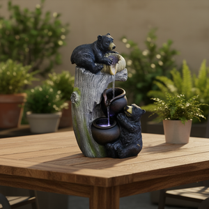 Fontaine en résine en forme d'ours en peluche sur souche d'arbre, à débit d'eau dynamique, peinte à la main, apaisante, tendance, marque OEM, décoration pour la maison et les fêtes - Product Image 1