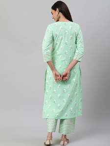 Ensemble décontracté pour femmes en coton à rayures florales vertes 2 pièces Respirant Écologique Ensemble d'été Manches trois quarts Longueur cheville Kurta - Product Image 3