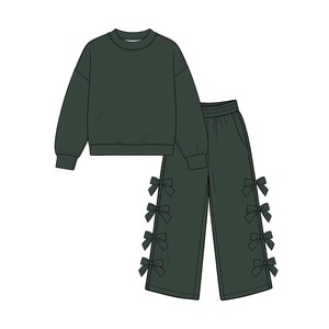 Tenue 2 pièces pour petites filles, haut à col ras du cou, pantalon à jambes larges avec décoration en nœud, vêtements décontractés - Product Image 5