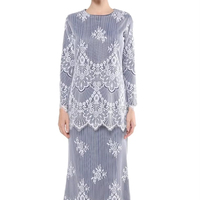Ensemble moderne en dentelle 2 pièces à manches longues avec ourlet festonné, tenue formelle musulmane, Baju Kurung Malaisie, vêtement ethnique festif