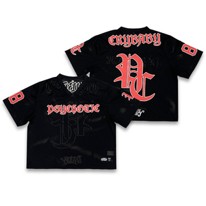 Hoogwaardige oversized boxy fit vintage shirts met aangepaste borduurwerk letterdesign, mesh cropped voetbal shirt - Product Image 1