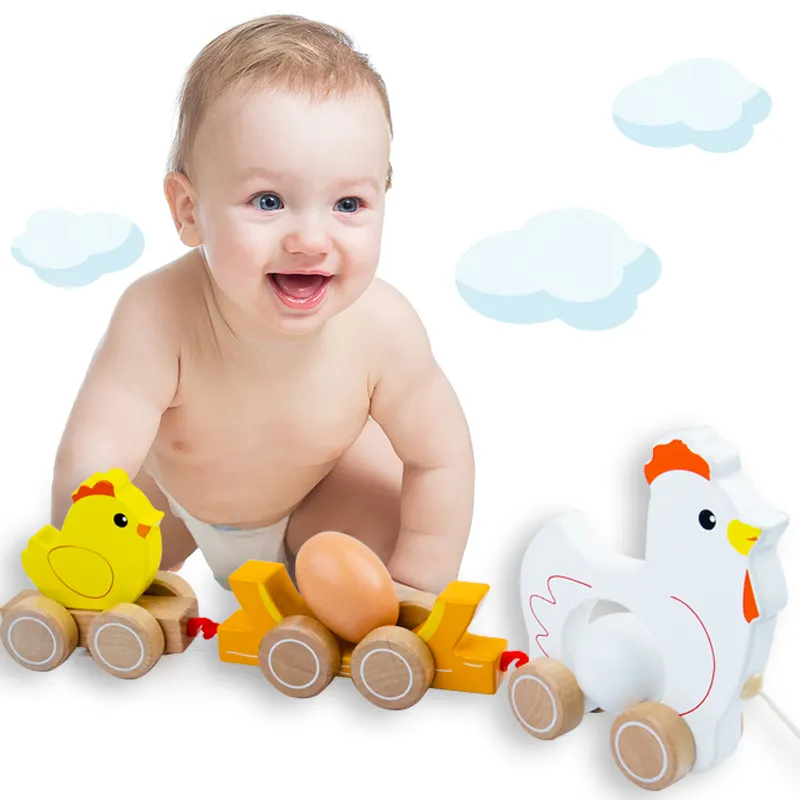 Wooden Drag Egg Car Cute Creative Children Chick Duckling Dragging Carts Baby Education Toy Wooden Duck Pull Along Toddler Toy