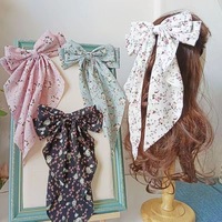 Printemps et été Long ruban arc printemps pince à cheveux fleur imprimé tissu arc cheveux accessoires pour femmes