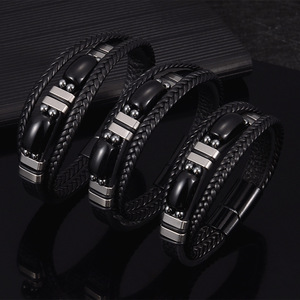 Obsidian <b>Leather</b> <b>Bracelet</b> 7.5 8.5 9 Inches Stainless Steel Magnetic Clasp Men's Jewelry Gift - Product Image 1