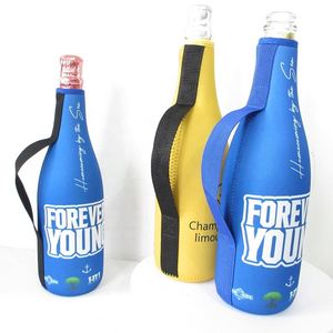 Striped Neoprene Champagne Zip-Up Wine Cooler Sleeve with Webbing Handle Strap Wine <b>Bottle</b> Cooler Case - Product Image 3