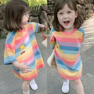 夏の新しいファッション子供服スマイリーレインボーストライプ女の赤ちゃんTシャツドレス