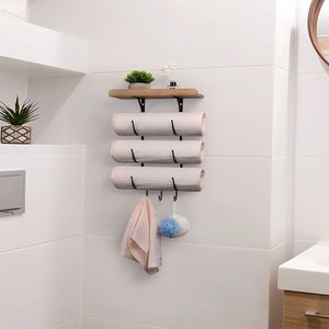 Porte-serviettes mural en bois à 3 barres, étagère de rangement, design minimaliste pour salle de bain - Product Image 1
