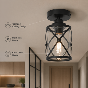 Lámpara de Techo Moderna, Negra, de Hierro, con Pantalla de Vidrio Transparente, Luz Blanca Cálida, Decorativa para Interiores, Pasillo, Entrada - Product Image 2
