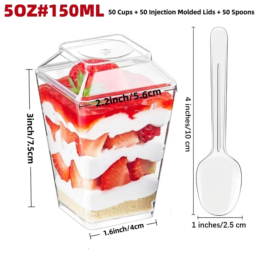 Tasse carrée 5oz (150ml) avec couvercle rigide moulé par injection et cuillère.