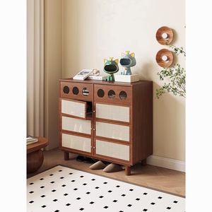 Retro Solid Wood Shoe Cabinet With Rattan <b>Drawers</b> Double Doors Entryway Storage For <b>Small</b> Homes - Product Image 2