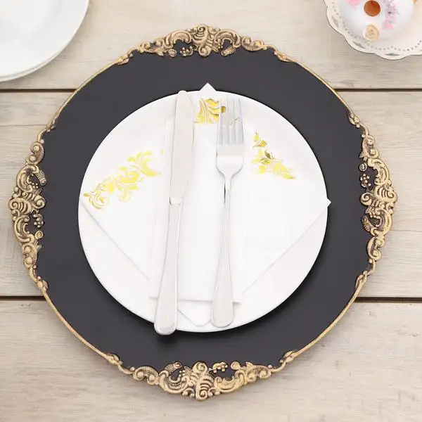 Kualitas tinggi grosir dalam jumlah besar emas plastik piring makan untuk pernikahan Hotel piring dekoratif