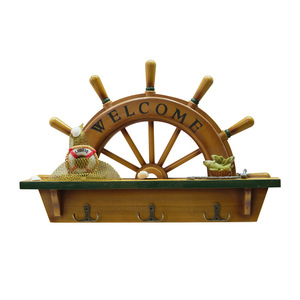 Mediterranean Style Wooden Ship Wheel Wall <b>Shelf</b> <b>With</b> <b>Hooks</b> For Home Decor Living Room Bedroom Entryway - Product Image 4