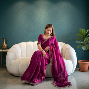Wholesale Luxury <b>Wine</b> Purple Organza Saree Fine Embroidery Border Indian Pakistani Wedding Party Wear Sari Elegant Silk Blouse - Product Image 1
