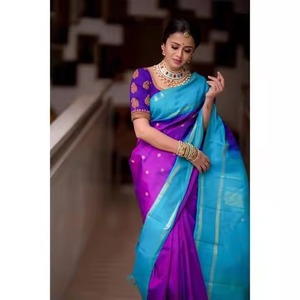 Luxueux lourd Jacquard soie Saree riche violet bleu ciel bordure élégant doré grand Jacquard tissage Bollywood pour l'été hiver - Product Image 3