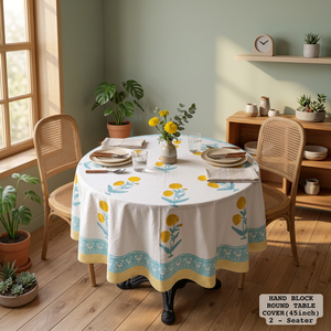 Premium Hand Block Printed Round <b>Table</b> <b>Cover</b> 45inch Cotton Linen Floral Design Washable Pastoral Style - Product Image 3