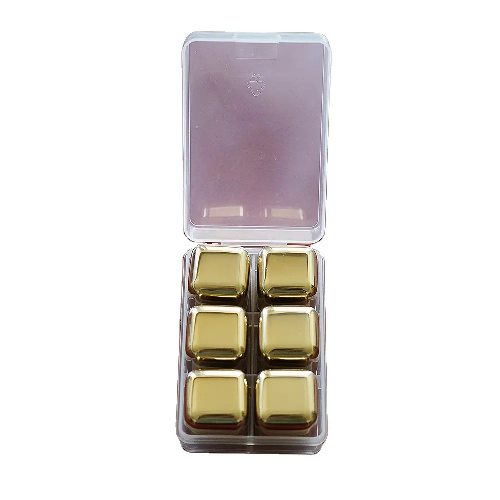 6 piece set metal square reusable gold whiskey ice cube stainless steel whiskey stone with Plastic tray box