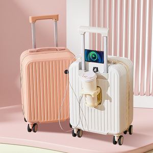 Mini Carry-On <b>Suitcase</b> 18-Inch With Cup Holder And <b>Lock</b> Unisex For Short Trip Macaron Colors Stripe Pattern - Product Image 1