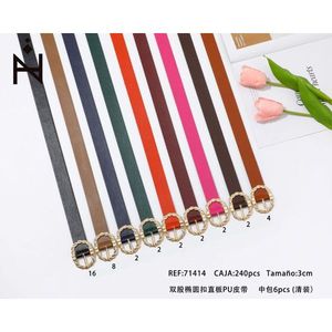 Cintura in pelle PU a doppio filo con fibbia ovale dritta da 3 cm per donna, accessorio moda - Product Image 3