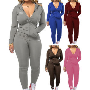 Conjunto de pantalones de chándal y sudaderas con capucha para mujer con logotipo personalizado, conjunto de pantalones de 2 piezas, conjuntos de manga larga de talla grande, chándal liso - Product Image 1