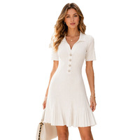Robe en tricot côtelé verticale Wenshuo pour femme, col à revers, mi-ouverte, élégante, courte, couleur unie