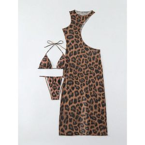 Women's Leopard Print 3 Piece Bikini Set Halter <b>Tie</b> Triangle With Cover Up Dress High Cut Swimwear Stretch Spandex Polyester - Product Image 5