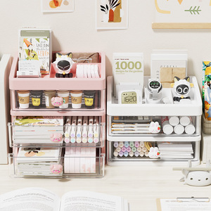 Desktop <b>Storage</b> Box <b>Drawer</b> Type White And Pink <b>Stackable</b> With Lid Compartments For Kids Stationery Organizing - Product Image 4