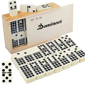 Jogo de tabuleiro profissional de nove dominós duplos, conjunto de 56 peças de 9 peças de dominó duplo em caixa de madeira