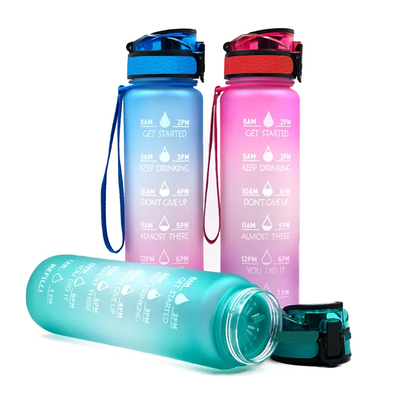 Logo kustom baru Top Seller 32oz 1000ml Bpa bebas motivasi Gym botol air plastik dengan sedotan dan penanda waktu