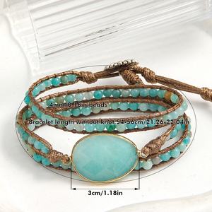 Gelang Manik-manik Buatan Tangan Wanita, Perhiasan Batu Permata Alami, Gelang Kulit 3 Untai Amazonite Kuarsa Merah Muda - Product Image 3