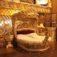Lit de luxe classique néoclassique, lit à baldaquin sculpté à la main en Turquie, finition dorée, appartement haut de gamme, design européen, tailles personnalisables