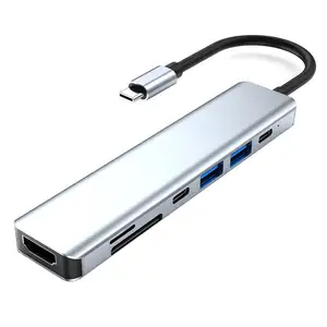 Adaptor Multi-port USB C Hub 7 in 1 untuk laptop, dengan USB 3.0*1 + USB 2.0*1 + PD + SD + TF Hub Tipe C untuk MacBook