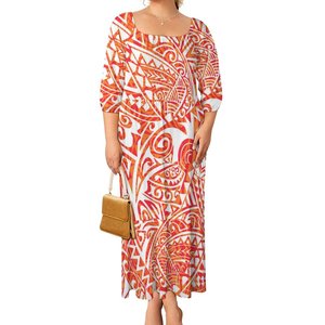 Abito Comodo in Poliestere e Cotone, Abbigliamento Polinesiano Plus Size per Donne, Elegante Vestito Lungo a Sirena con Maniche a Sbuffo - Product Image 4