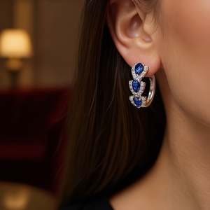 Pendientes de Aro de Lujo E3755 Chapados en Oro con Piedras de Zafiro Azul en Corte Pera y Engaste de Garra, Joyería de Fiesta para Mujer - Product Image 2