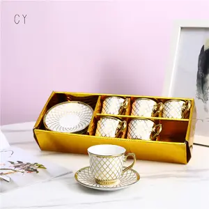 Arabic turkish white silver gold decor 90cc tea set 6 expresso cup 6 saucer fancy ceramic luxury coffee tea cup and saucer set