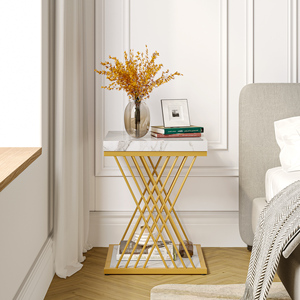 Contemporary Modern Accent Living Room Faux Marble White Small Coffee Square Sofa <strong>Side</strong> <strong>Table</strong> Set 2 Shelves <strong>Storage</strong> - Product Image 4