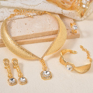 Parure de bijoux de mariée tendance, magnifique ensemble en laiton plaqué or 18 carats avec zircon, comprenant bague, collier, boucles d'oreilles et bracelet, unisexe, pour femme, idéal pour mariage et soirée - Product Image 3