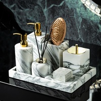 Ensemble d'accessoires de salle de bain en marbre blanc Arabescato Stonekocc, 8 pièces, distributeur de savon, porte-brosse à dents, boîte à mouchoirs, plateau de vanité