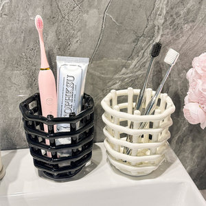 Ceramic Woven <b>Storage</b> <b>Basket</b> Round Bathroom Cosmetic Organizer For Toothbrush Toothpaste Makeup Desktop Living Room <b>Storage</b> - Product Image 4