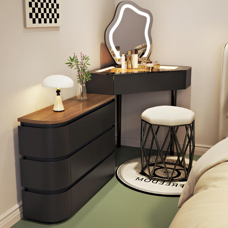 Mesa negra de 60x60 + gabinete + espejo nube + taburete negro