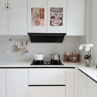 XINGRUO Armoires de cuisine modernes minimalistes sans poignées, ensemble d'armoires de cuisine modulaires blancs et gris avec plan de travail en marbre
