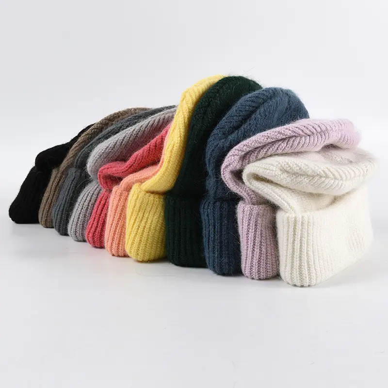Wholesale Soft Warm Dress Colourful Angora Rabbit Fur Knitted Beanie Hat Cap