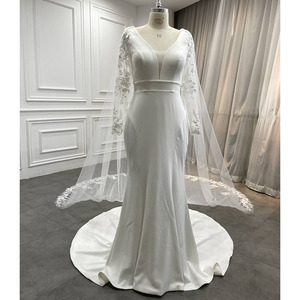 Robe de mariée chic décolleté plongeant manches longues crêpe robes de mariée sirène <span class=keywords><strong>avec</strong></span> cape <span class=keywords><strong>amovible</strong></span> - Product Image 1