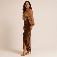 Robe longue en velours marron unie de luxe pour femme, grande taille, personnalisée, à manches longues, style crayon, avec peplum, pour femmes
