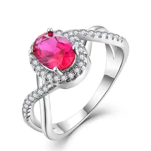 Nhẫn Cưới Ruby Hình Bầu Dục Quầng Sáng Đá Zircon Màu Trắng Thời Trang Bằng Bạc Sterling 925