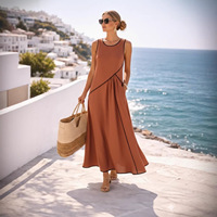 Robe longue sans manches pour femme, coupe trapèze, col rond, panneau contrastant, poche latérale, robe longue de resort