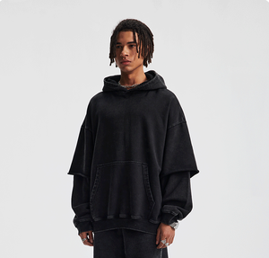 430GSM Pull à capuche vintage délavé lourd avec <span class=keywords><strong>faux</strong></span> design en deux pièces et ourlet coupé brut - Product Image 5