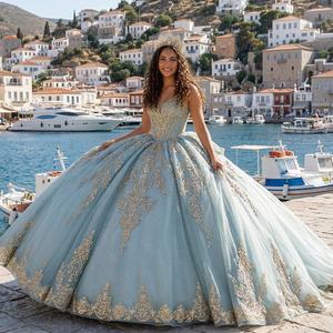 Vestido de Gala Largo Vintage Lsmc134 con Apliques y Pedrería, Color Verde Menta Natural, para Quinceañera, Fiesta de 16 Años, Baile de Graduación - Product Image 1